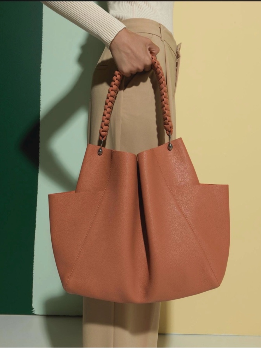 Braided-Handle Tote Bag in Terracotta Brown